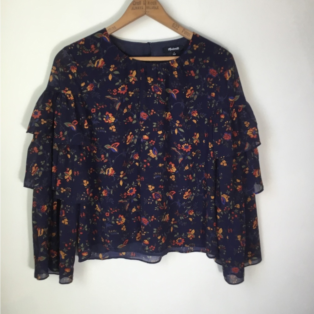 Madewell Navy Floral Ruffle Sleeve Blouse